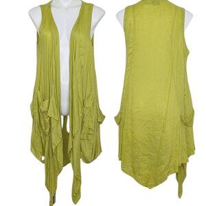 LA Blend Brat Green Yellow Linen Flowy Front Pocket Open Vest Lagenlook